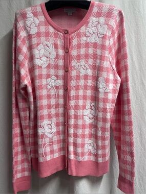 Cottagecore Gingham Floral Sequin Cardigan L Check Sweater Feminine Charter Club